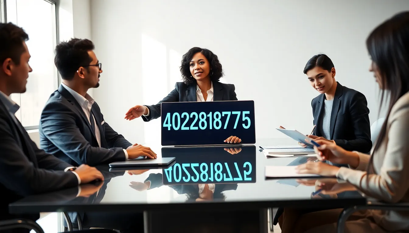 diverse professionals discussing the significance of the number 4028818775.